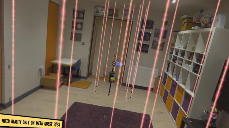 A video of someone in a spy costume, in a living room, and virtual lasers and bots they are having to scoot around.