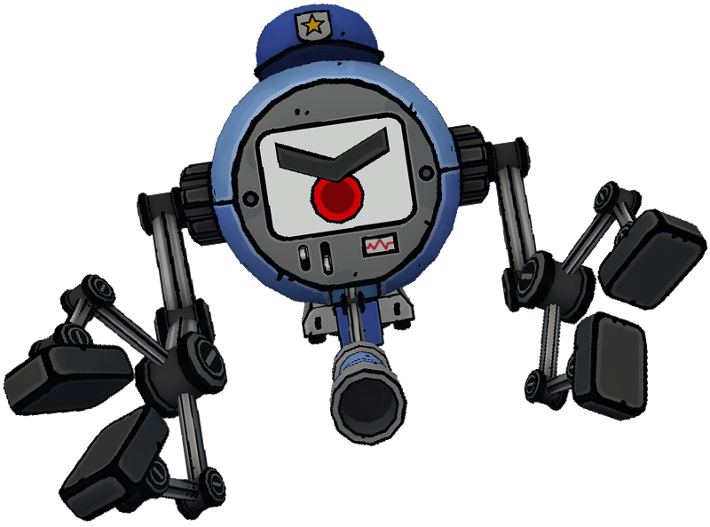 A blue and round police robot